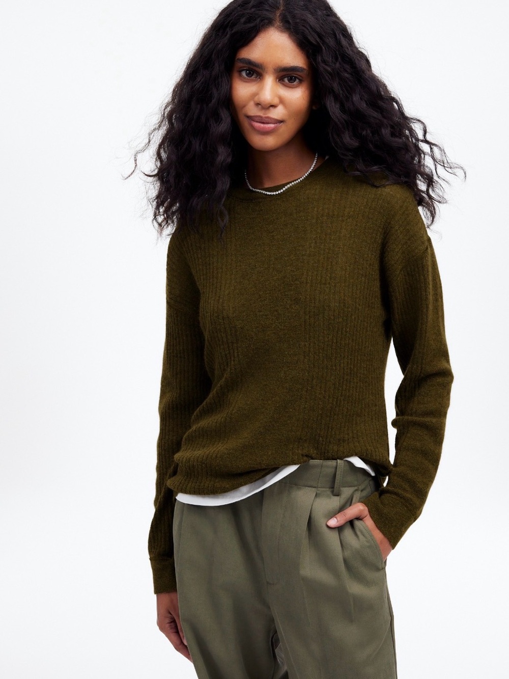 Madewell Ribbed Alpaca-Blend Crewneck Sweater in Kale, Size Medium